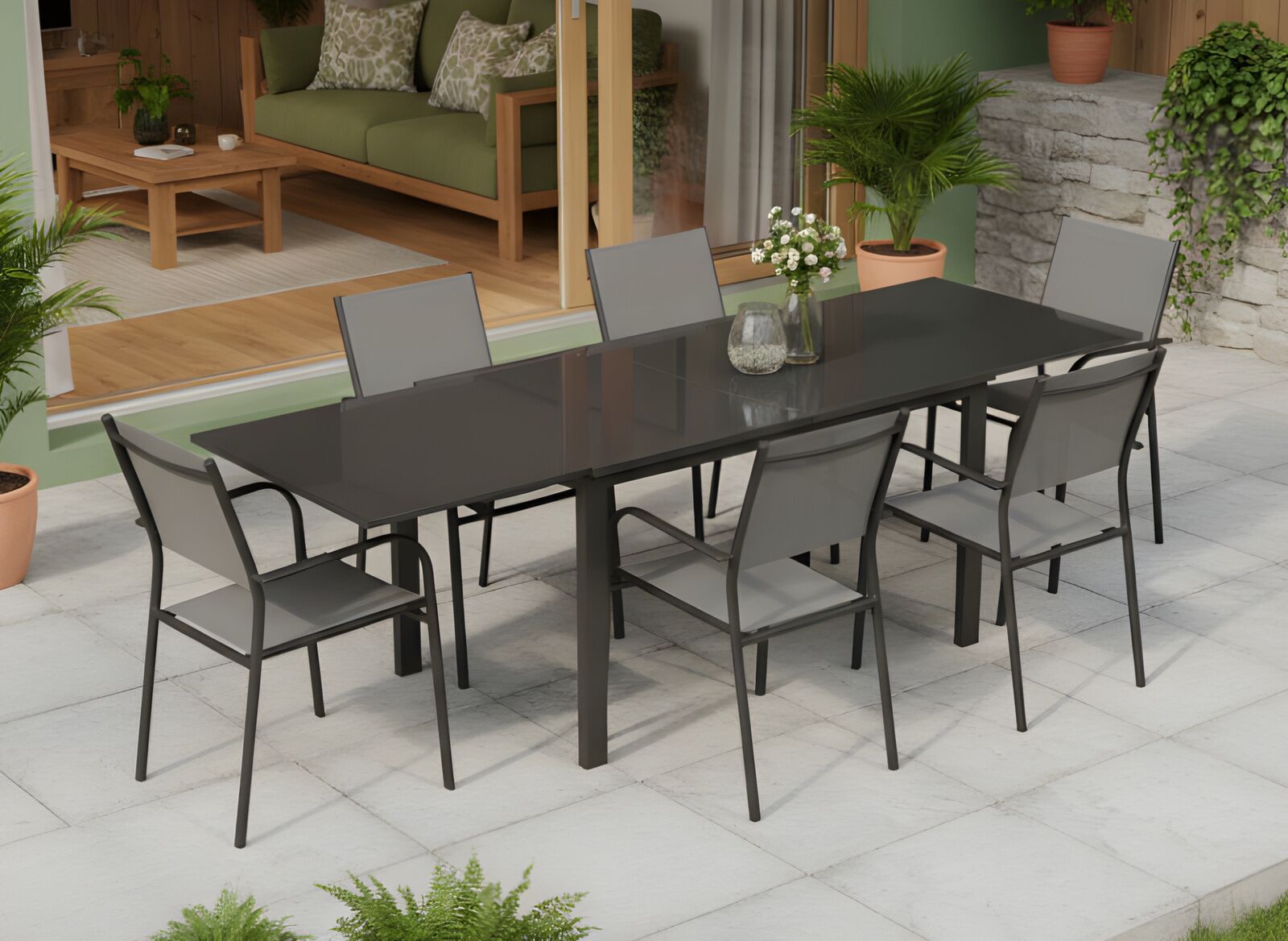 Table Eloïse 90/180 cm, plateau verre