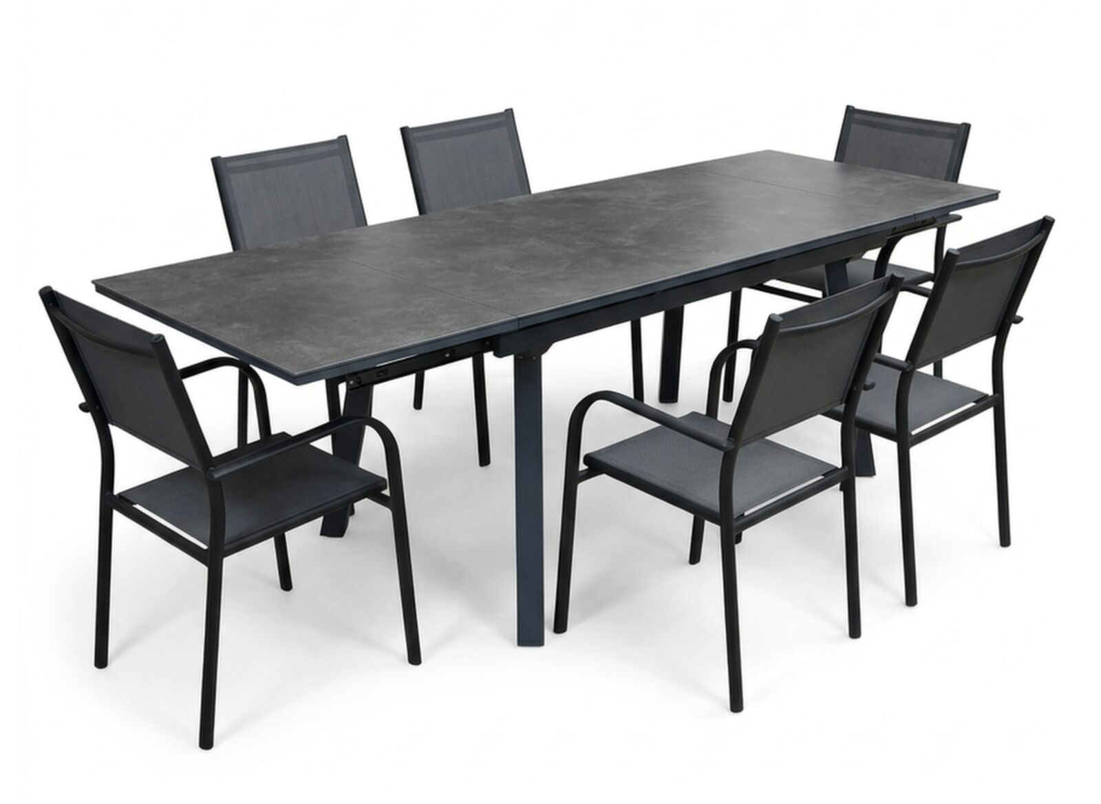 Table Agra 150/200/250 cm, plateau céramique + 6 fauteuils DUCA