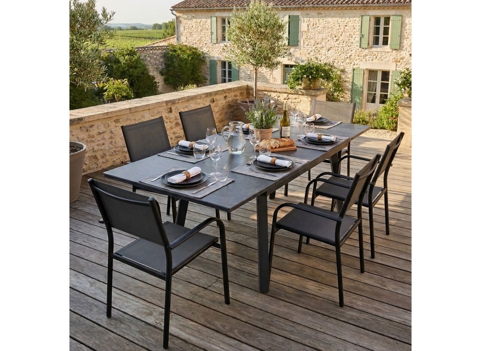 Table Agra 150/200/250 cm, plateau céramique + 6 fauteuils DUCA