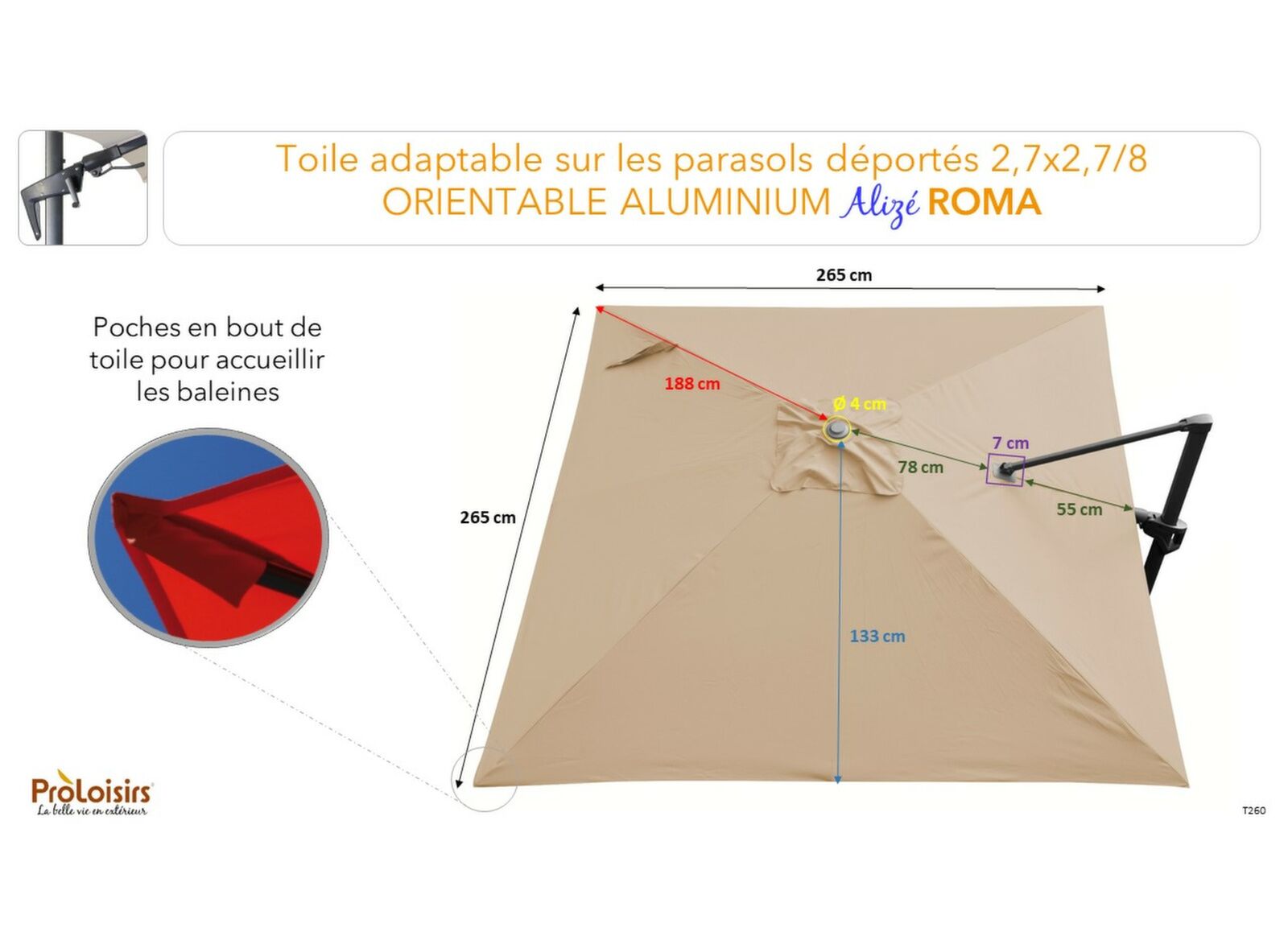 Toile pour parasol déporté Roma 2.7 x 2.7 m orientable