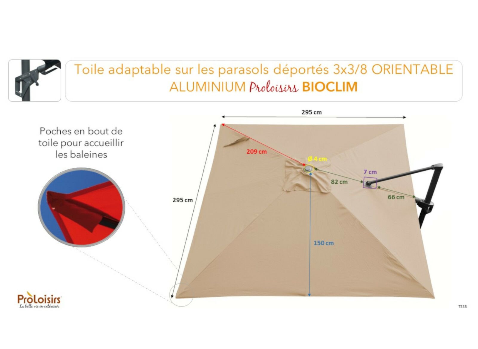 Toile pour parasol déporté 3x3 m orientable et ventilé