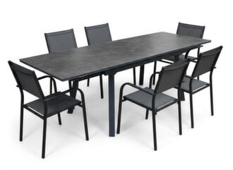 Table Agra 150/200/250 cm, plateau céramique + 6 fauteuils DUCA
